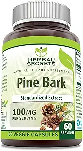 Herbal Secrets Pine Bark Extract Supplement ← 100 Mg Por Serving ← 60 Veggie Capsules ← Non-GMO ← Gluten-Free TEN Made in USA