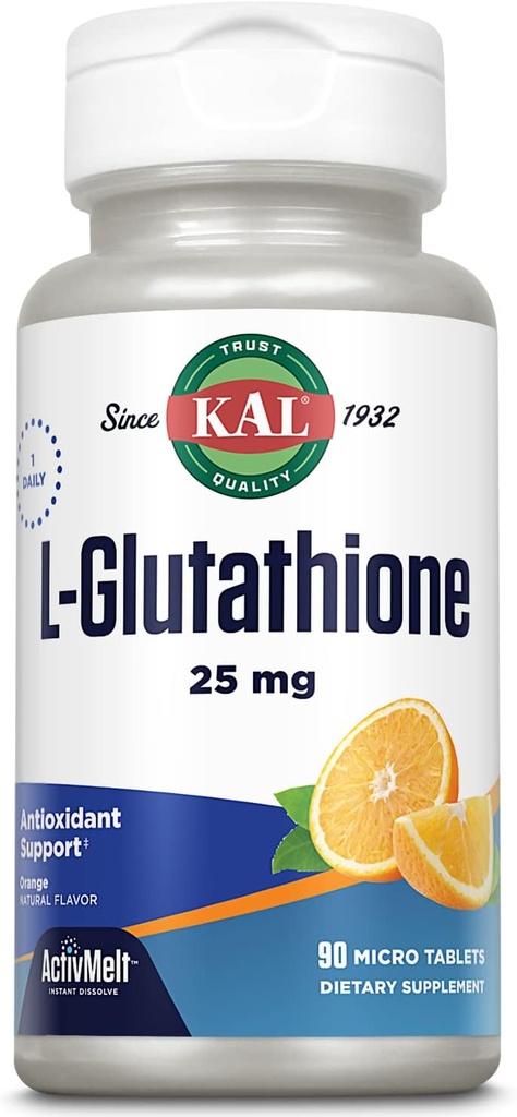 KAL L-Glutathione, Reducido Glutathione Suplemento, Alta Absorción Antioxidante, Orange Flavor Instant Dissolve ActivMelt, Vegetariano, Lab Verified, 90 Servimientos, 90 Micro Tabletas