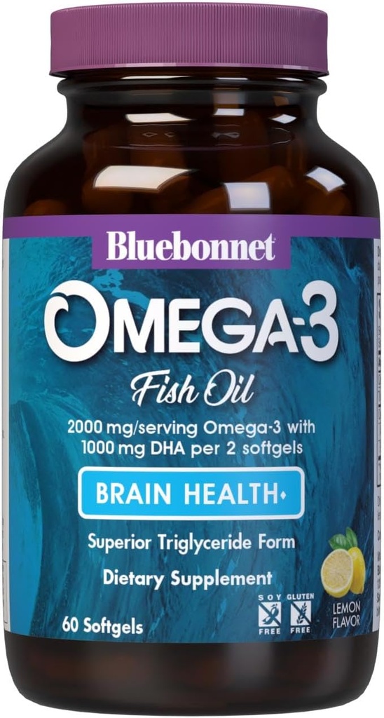 Bluebonnet Nutrition Omega-3 Brain Formula Natural Wild Caught Triglyceride Form DHA 860 mg EPA 120 mg - Cognitive Health & Wellness Support Suplemento Gluten-Free - 60 Softgels