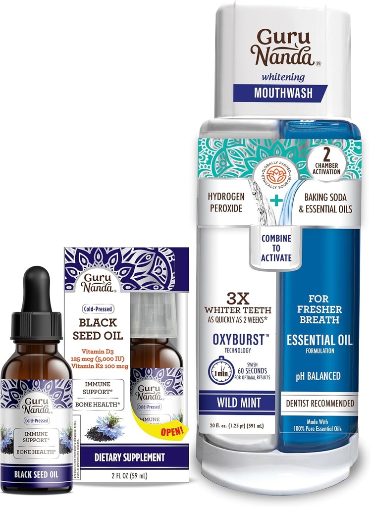 GuruNanda Black Seed Oil, Cold-Presed Nigella Sativa - Rich in Vitamin D3 5000 Units, K2 &amp; E & Dual Barrel Oxyburst Whitening Mouthwash - Contains Hydrogen Peroxide