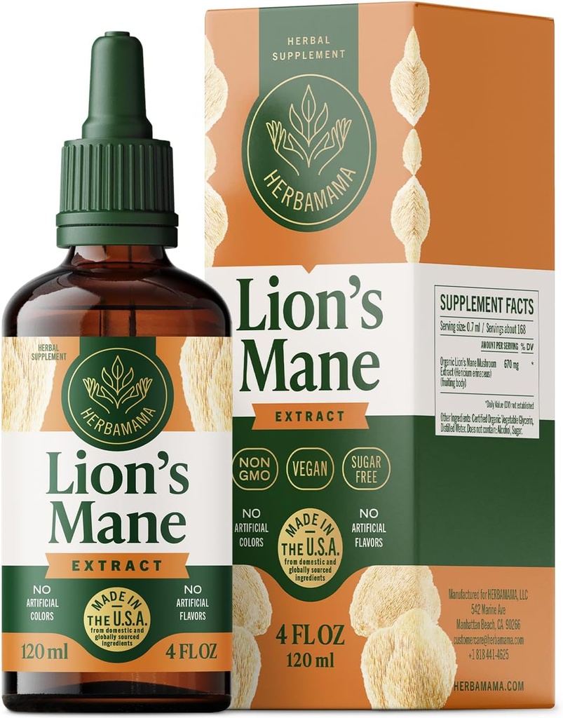 HERBAMAMA Lions Mane Tincture - Vegan Focus &amp; Nerve Support with Lion's Mane Mushroom Extract - Hericium Erinaceus Brain Support Suplemento - Non-GMO, Alcohol &amp; Sugar-Free - 84-Day Supply