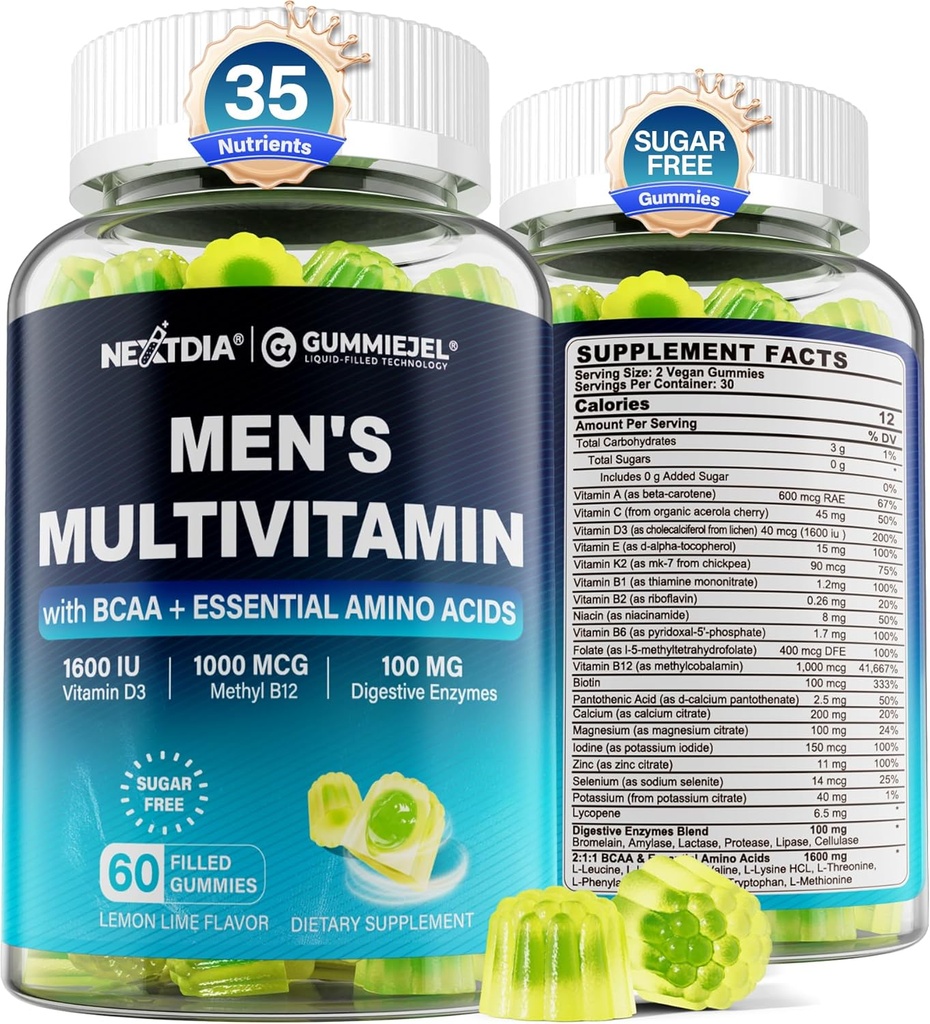 Multivitamina metilada para hombres Gummies, Aminoácidos BCAA, Zinc, Vitamina diaria A C D3 E K2 B Complejo, Calcio, Magnesio, Licopeno, Enzimas digestivas - Energía, Inmune, Azúcar musculo gratis, Vegan, 60Cts