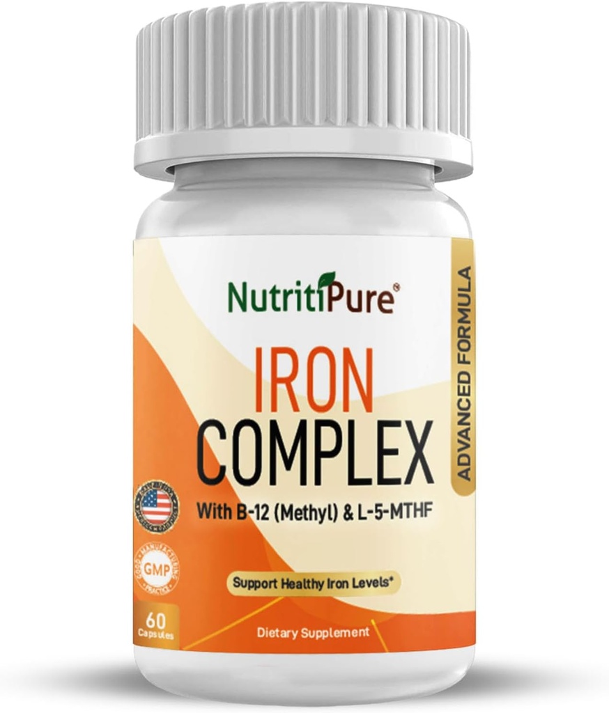 Complejo de Hierro, Complejo de Sangre Completa Capsulas Vegetarianas de Hierro de Hierro de Carbonilo, Quatrefolic, B12, B6 &amp; Vitamina C, para Hombres de Mujer (60 capuchas)