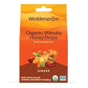 Wedderspoon Organic Manuka Honey Drops, Ginger &amp; Echinacea, 20 Cuenta (Pack of 1) ← Genuine New Zealand Honey ← Perfect Remedy For Dry Throats