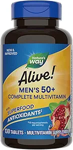Nature’s Way Alive! Men’s 50+ Complete Multivitamin, Supports Multiple Body Systems*, Supports Cellular Energy*, High Potency B-Vitamins, Gluten-Free, 130 Tablets (Packaging May Vary)