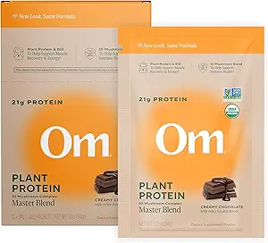 Om Master Blend Vegan Protein Powder, Chocolate, 21g de Proteína Vegetal - Suplemento de hongos orgánicos con 10 Mushroom Complex, Ashwagandha, BCAAs y Vitamina B12 - Única Serve (10 Conde)
