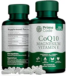 Prime Code [ 3 in 1] CoQ10 250mg with Magnesium Glycinate and Vitamin E ← CoQ10 Capsules 250mg  Magnesium Glycinate 200mg ← Vitamin E 15mg ← Non-GMO TEN Gluten &amp; Soy Free ← Vegan