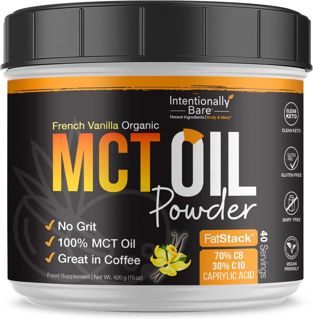 Intencionally Bare MCT Oil Powder French Vanilla MCT Coffee Creamer - C8 MCT Oil Powder for Energy &amp; Metabolism - No Grit Keto Energy Blend Excelente en Baking, Shakes & Creamer for Coffee - 40 Ser