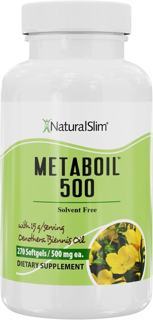 NaturalSlim Evening Primrose Oil for Women 1500mg from Cold Pressed Oil - Metaboil 500 GLA Suplemento Gamma Linolenic Acid for Women’s Health, Metabolism, Heart & Skin Health - 270 Softgels