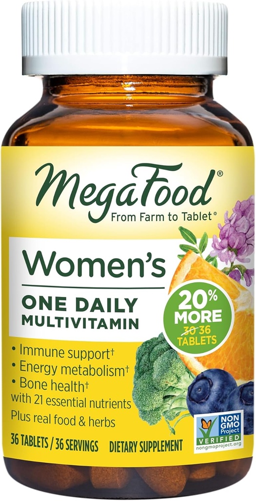 MegaFood Womens Multivitamin One Daily - Multivitamínico para Mujeres - Vitamina C, Vitamina D, Hierro &amp; B Vitaminas - Hueso, Metabolismo Energético &amp; Apoyo Inmunitario - Vegetariano, GlutenFree - 36 Tabletas, 36 Serviciones