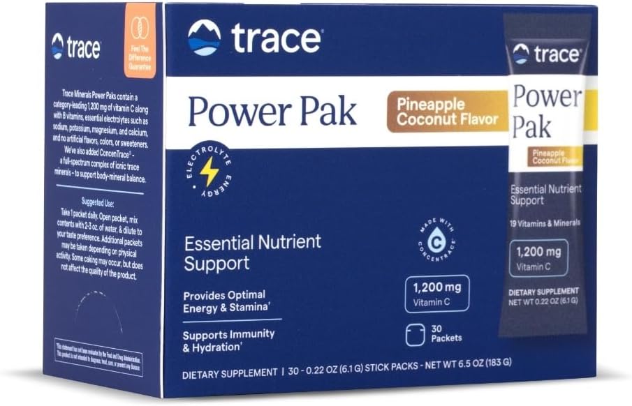 Trace Minerals Power Pak Multivitamin y Packets Multimineral - Electrolyte Support - 1200 mg Vitamina C Plus 70 Piña Coco Flavor - 30 Packets