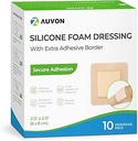 AUVON Silicone Foam Dressing with Large Adhesive Border, 3" x 3" 10 Packs Wound Dressing Bandage with High Absorbency, Waterproof Silicone Foam Pads for Wound Care & Protection Plus Cushioning