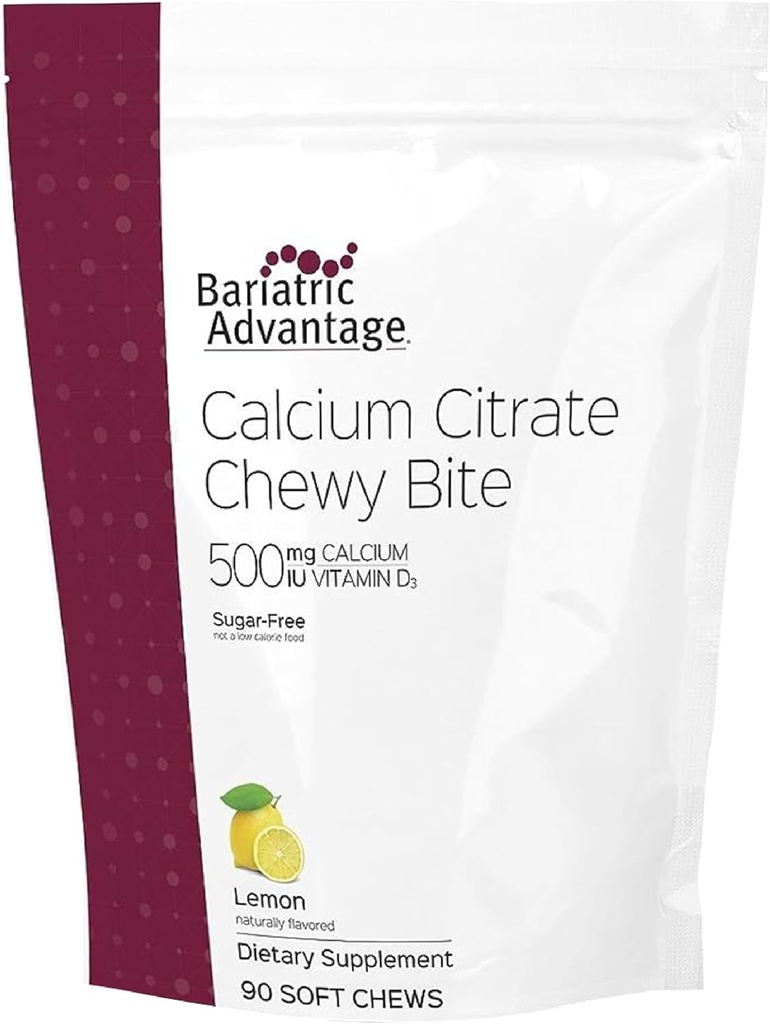 Bariatric Advantage Calcium Citrate Chewy Bites 500 mg - Highly Absorbable & Digestible - Vitamina D3 - Suplemento Calcium Fácilmente Chewable - Lemon Flavor - 90 Cuenta