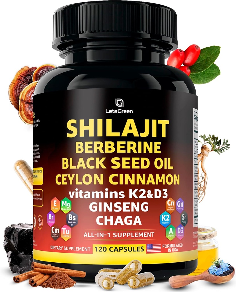 Organic Himalayan Shilajit Capsules with Black Seed Oil Berberine Cinnamon Ginseng Chaga & Taurine & Vitamin A, E, D3, K2 (120 Count) - All-in-1 Fulvic Acid Shilajit for Men &amp; Women