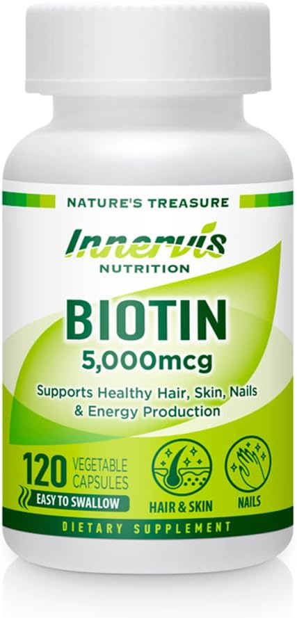 Biotina de alta potencia 5000mcg – apoya el cabello, la piel &amp; salud de uñas, 120 cápsulas vegetales