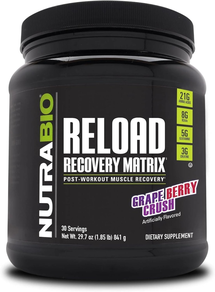 NutraBio Reload - Powerful Muscular Recovery Formula - Post-Workout Supplement - 3G Creatine - 8G BCAAs - 5G Glutamina - 30 Servimientos, Grape Berry Crush