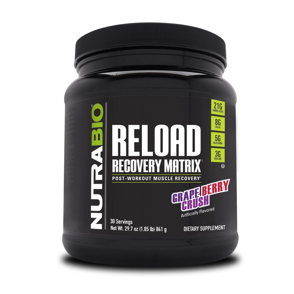 NutraBio Reload - Powerful Muscular Recovery Formula - Post-Workout Supplement - 3G Creatine - 8G BCAAs - 5G Glutamine - 30 Servings, Grape Berry Crush