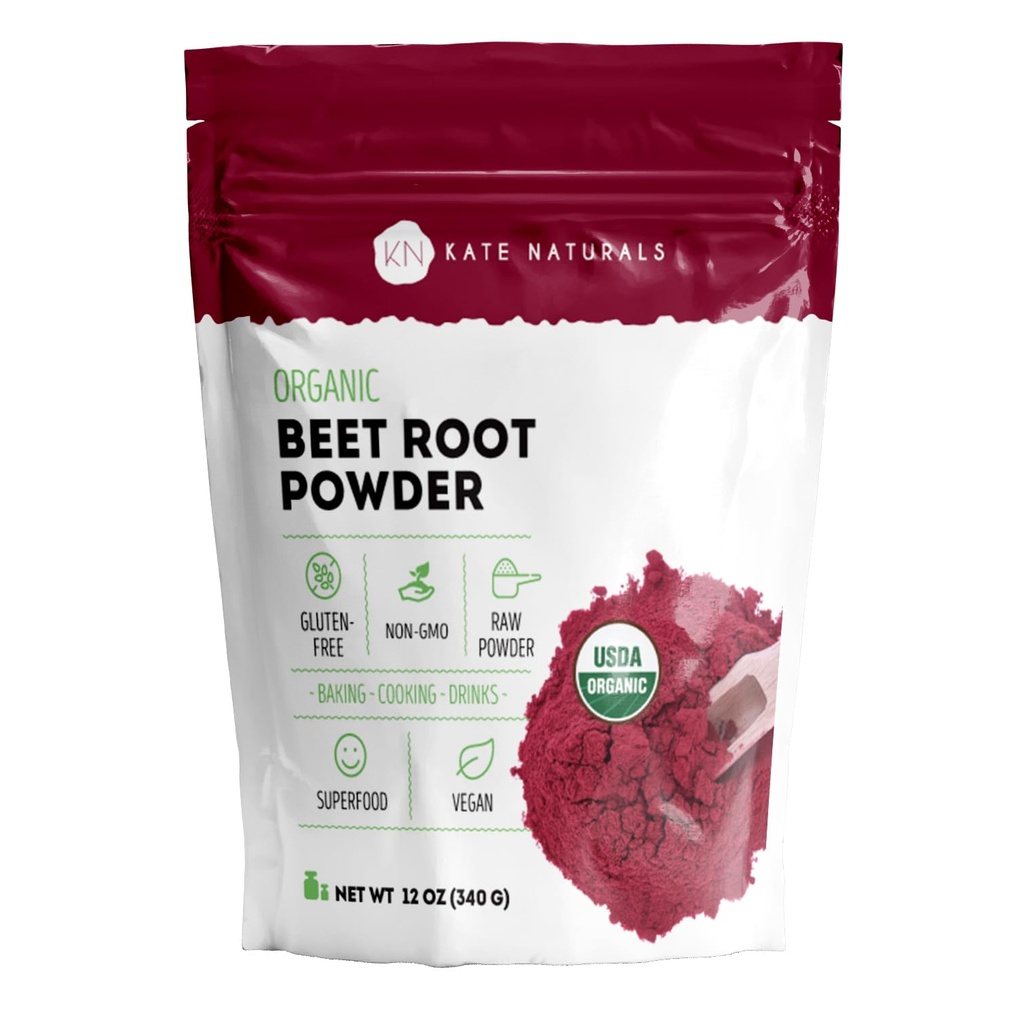 Kate Naturals Orgánica Beet Root Powder para Smoothies, Baking & Juice. Raw Beetroot Superfood & Natural Red Food Coloring (12oz, Non-GMO, Earthy Flavor)