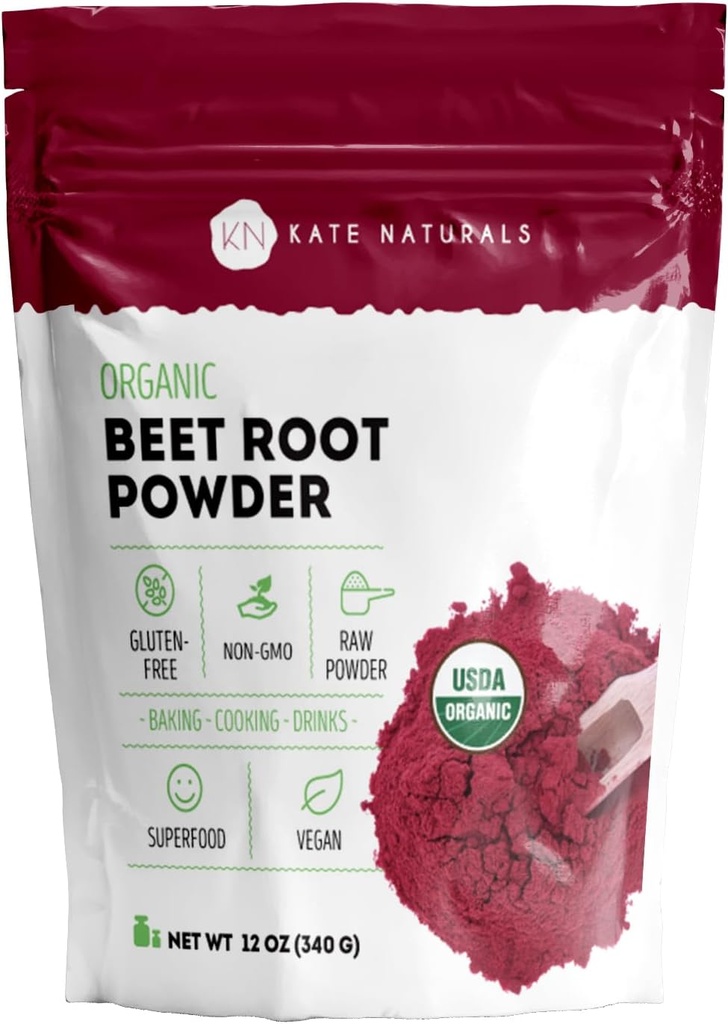 Kate Naturals Orgánica Beet Root Powder para Smoothies, Baking & Juice. Raw Beetroot Superfood & Natural Red Food Coloring (12oz, Non-GMO, Earthy Flavor)