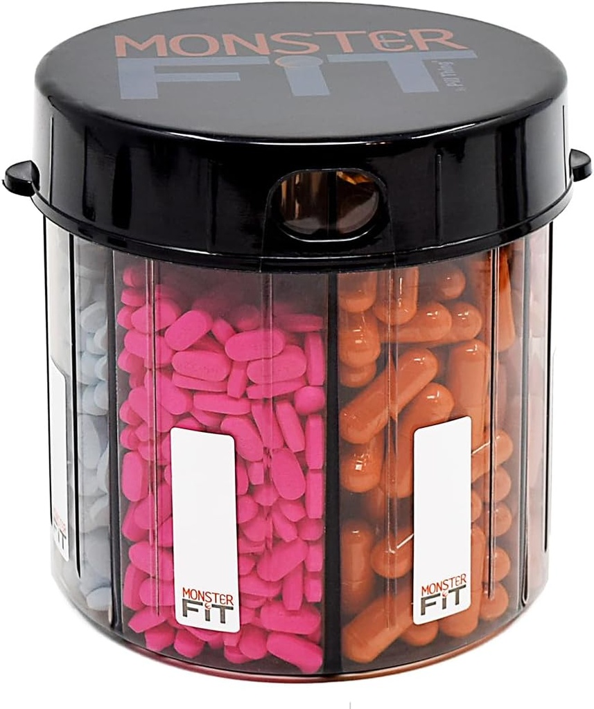 Botella de dispensador de píldoras suplementarias XL, 7 Compartimiento, Etiquetas, Easy Open, Anti-Mixing, Organizador Protegido por UV, Vitamina Mensual Extragrande, Monster Fit Medication Holder Incluye aplicación Medisafe Premium