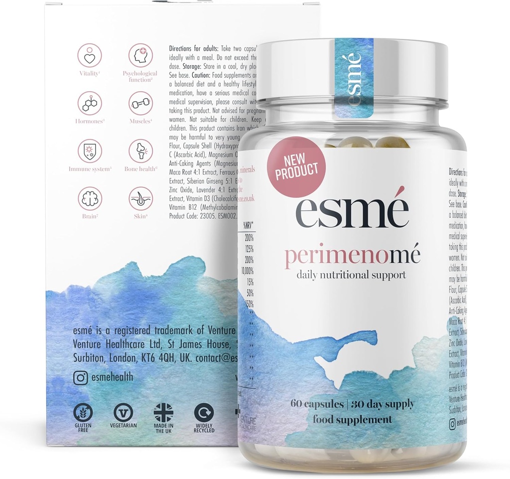 Esme Menopause Suplementos Perimenopause 1 Mes de Suministro - Soporte diario para la etapa temprana de la menopausia – 60 cápsulas - Incluye Ashwagandha, vitaminas y Clover rojo