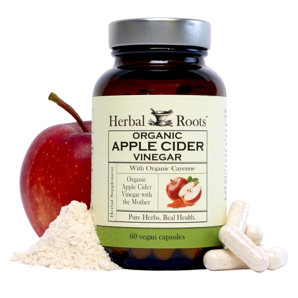 Herbal Roots Organic Apple Cider Vinegar Capsules with Mother and Organic Cayenne | 650 mg | 60 Vegan Capsules