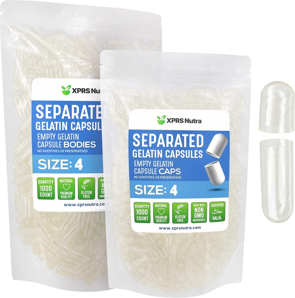 XPRS Nutra Gelatin Size 4 Separated Capsules - 1000 Count Clear Small Empty Capsules Separated in Bags - DIY Fillable Pill Caps - Size 4 Gel Do-It-Yourself Vitamin and Supplement Filling