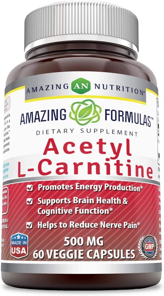 Fórmulas increíbles Acetyl L-Carnitine Hcl Veggie Suplemento dietético - 500 Mg, Veggie Capsules (No GMO,Gluten Free) Por Bottle - Promueve la producción energética " Función cognitiva (60 Cuenta)