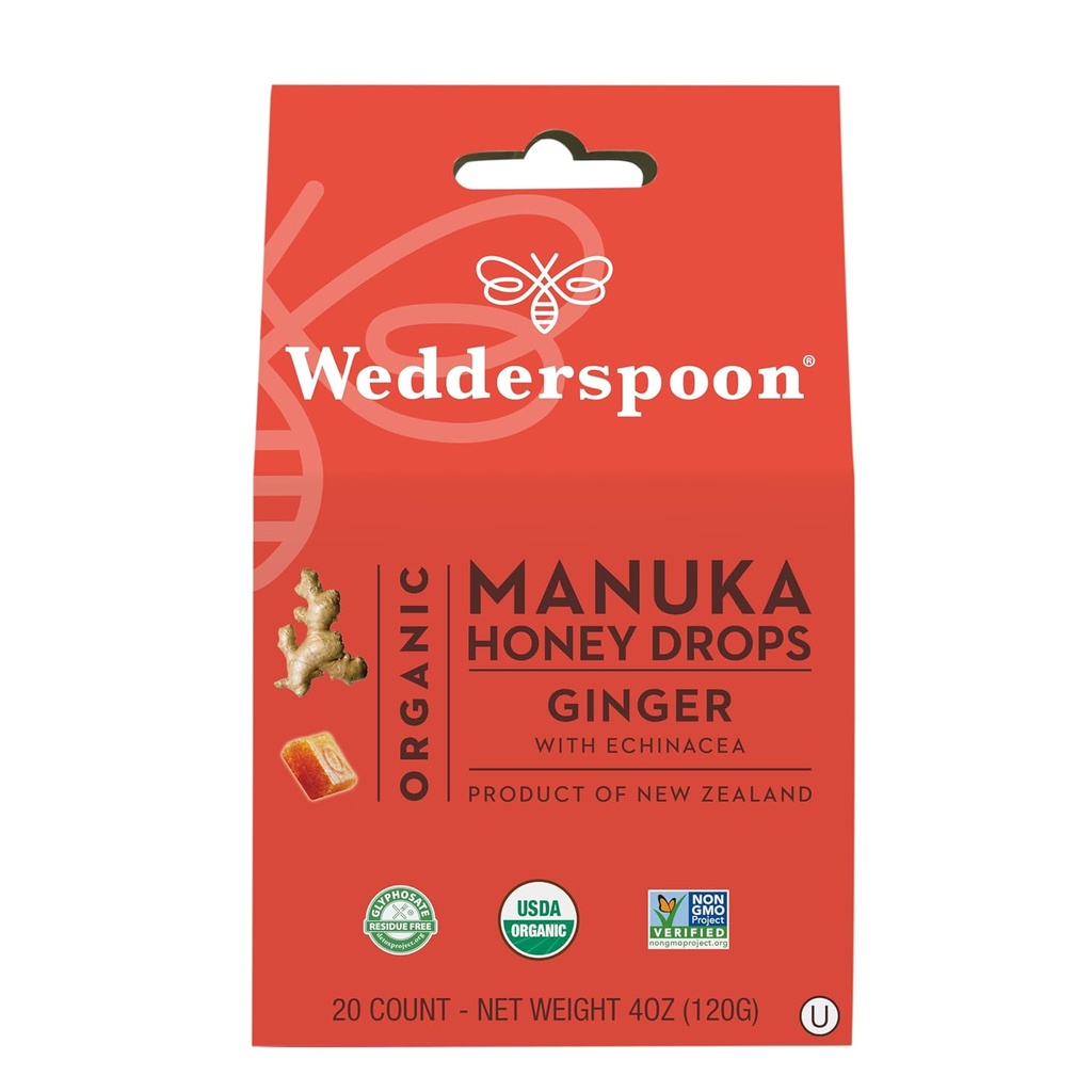 Wedderspoon Organic Manuka Honey Drops, Ginger &amp; Echinacea, 20 Cuenta (Pack of 1) ← Genuine New Zealand Honey ← Perfect Remedy For Dry Throats
