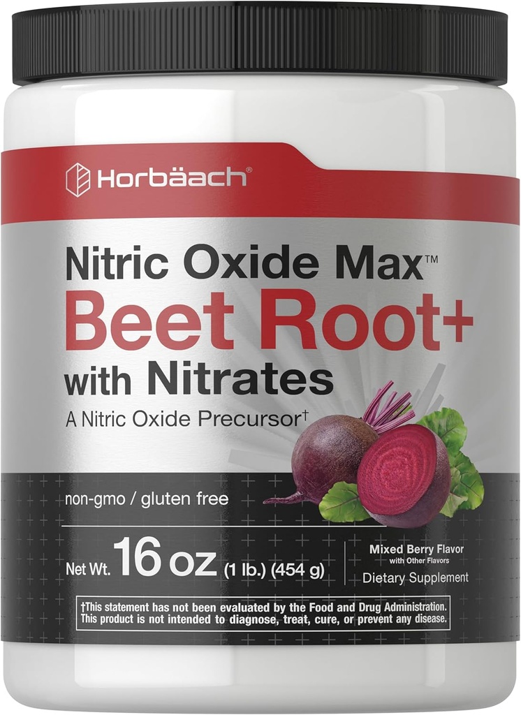 Horbaach Nitric Oxide Powder ← 16 oz Silencioso Suplemento para Hombres &amp; Mujeres Silencio con Beet Root " Nitrates ← Mixed Berry Flavor ← Vegan, Non-GMO " Gluten Free