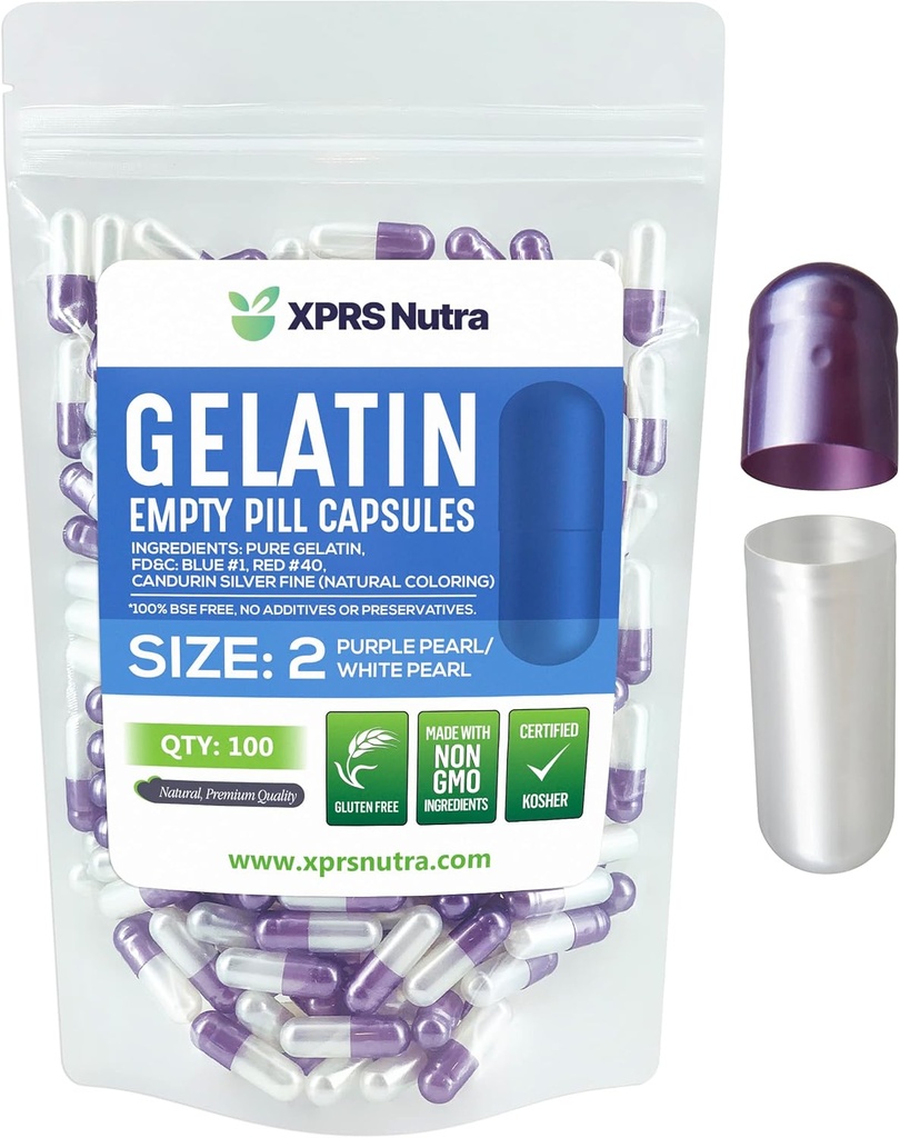 XPRS Nutra Size 2 Empty Capsules - 100 Conde Empty Gelatin Capsules - Pills DIY Capsule Filling - Pure Bovine Pill Gel Caps for Do-It-youself Supplements (Pearl Purple/White)