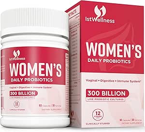 Probióticos para mujeres - 300 millones de millones CFU Probiótico, 12 Strains Probióticos con Prebióticos Arándano, Probiótico femenino seleccionado para el Gut digestivo diario femenino Vaginal y salud urinaria, 60 cápsulas