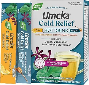 Nature's Way Cold Relief Hot Drink, Umcka, Homeopathic, Clinically Proven Pelargonium Sidoides 1X, for Cough, Congestion, Sore Throat, Stuffy Nose, Day & Night Formula, 12 Packets (Packaging May Vary)
