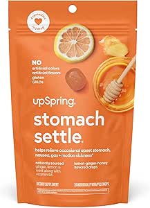 Upspring Stomach Settle Nausea Relief Drops - Fast-Acting Pregnancy Nausea Relief & Morning Sickness Relief with Ginger, Lemon, Spearmint, Honey &amp; B6, Lemon-Ginger-Honey Flavor, 28 Drops