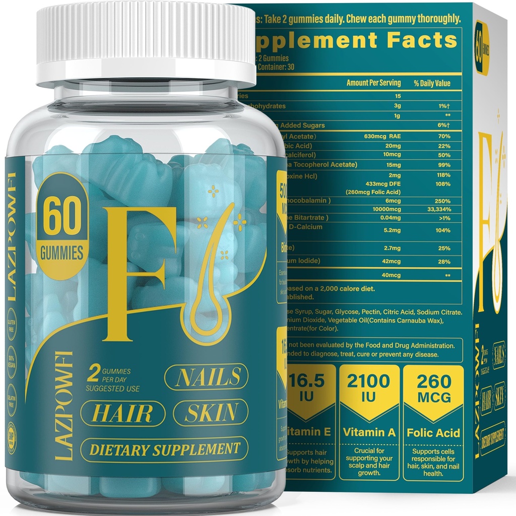 Biotin Gummies -Hair Skin and Nails Vitaminas para Hombres &amp; Mujeres, Vegan Vitamina B7, apoya el crecimiento del cabello y las uñas más fuertes,30 Day Supply - Blueberry-60 Counts