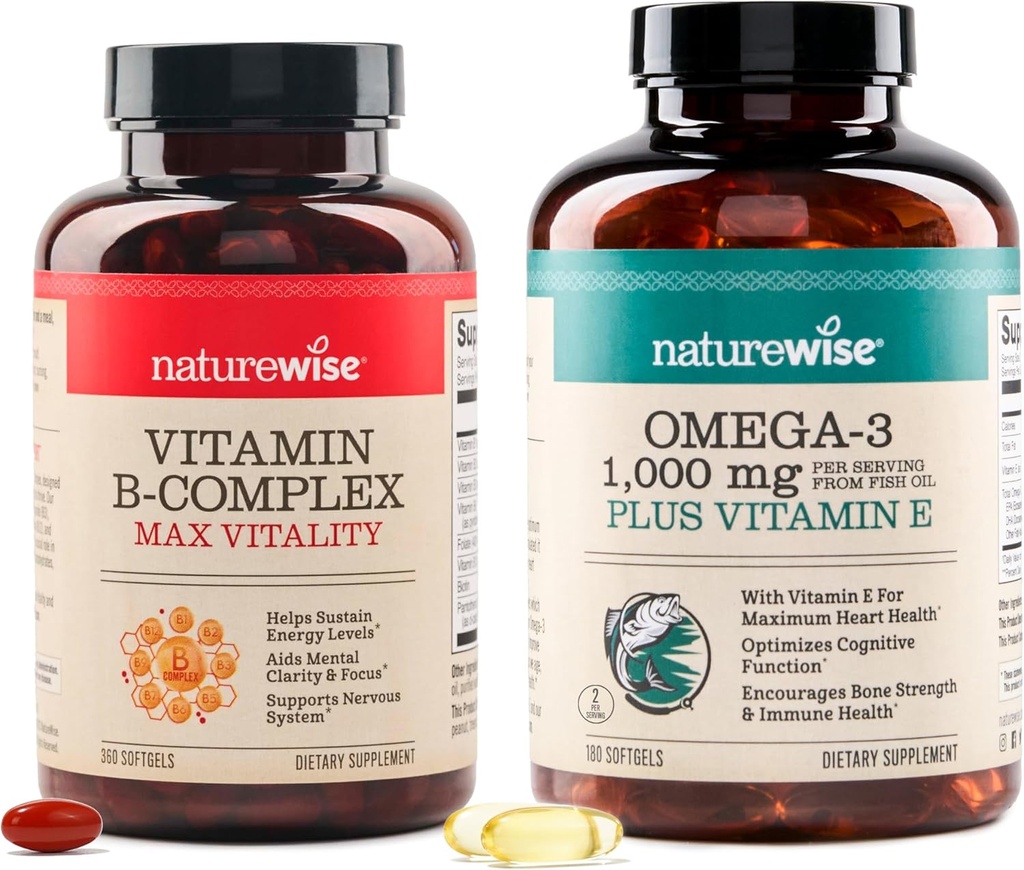 NatureWise Vitamin B Complex 360 Softgels &amp; Omega 3 Fish Oil 180ct for Energy, Heart, Brain, Immune & Vision Support