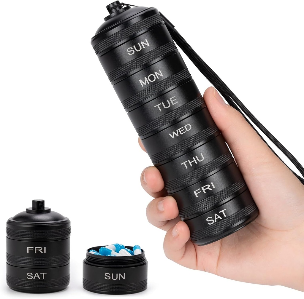 Pill Organizer Caja de recambio para metales semanales resistente al agua - 7 días Contenedor de aleación de aluminio grande, caja de píldoras diarias portátiles para vitamina, medicina, suplemento, aceite de pescado