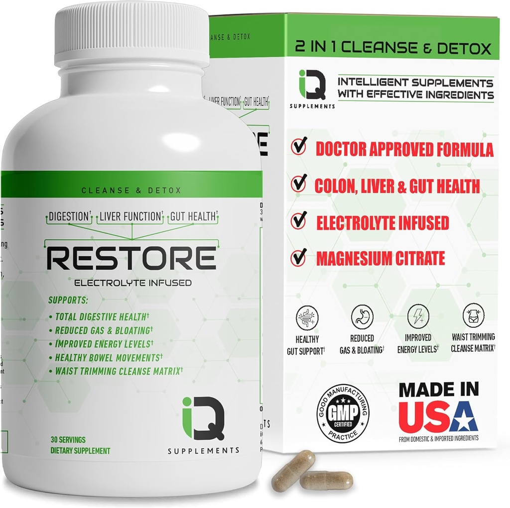Restaurar 2 En 1 Colon Cleanse " Detox w/ Psyllium - Supports Digestion, Debloating " Constipation Relief for Women " Men, Gut Detox Cleanse w/ Magnesium ANTE Electrolyte Infused Colon Cleanser " Detox