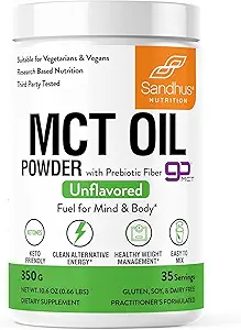 Sandhu's MCT Oil Powder with Prebiotic Fiber ← 35 Servings ← Orgánica - Keto ← Fatty Acid Fuel for Body & Brain TEN 100% Coconut Oil derived, Easy to Mix, 10.6 Oz