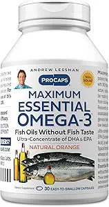 ANDREW LESSMAN Maximum Essential Omega-3 Orange - 30 Softgels - Ultra-Pure, Alta Potencia Omega-3 Aceites. High DHA, No Stomach Upset, No Contaminants, No Mercury. Pequeño fácil de absorber Softgels