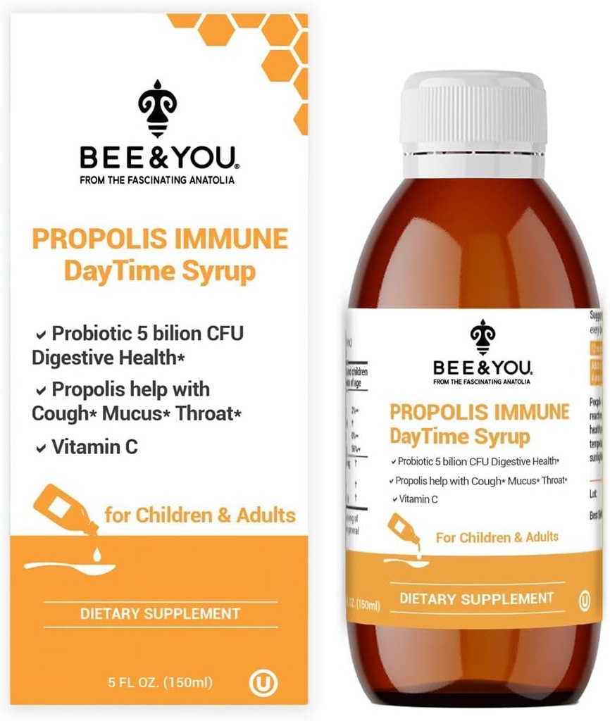 Bee and You Propolis Immune Day Time Syrup with Probiotic, Vitamin C, Immune Support, Digestive Health, Antioxidants, Gut Health 5 Fl Oz