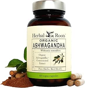 Herbal Roots Ashwagandha Capsules | Extra Strength 1,000mg per Serving | Ayurvedic for Overall Health for Men and Women | 60 Vegan Capsules