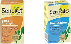 Senokot Extra Strength Natural Vegetable Laxative &amp; S Dual Action 60 Tablets, Natural Vegetable Laxative Ingredient Plus Stool Softener Tablets