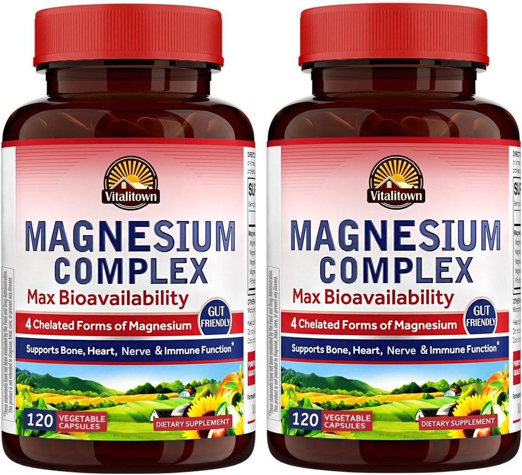 Complejo de Magnesio Vitalitown 2 Packs, 240 cápsulas, Glycinate de Magnesio Certificado NSF, Malate, Taurate & Citrato, Formas Chelated, Alta Absorción, Hueso, Corazón, Sueño