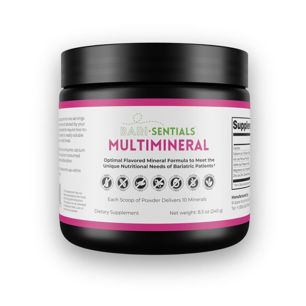 Nutricionales R-Kane Barisentials Suplemento multimineral Bariat- Cirugía post-bariat Soporte- Powder mineral fácil de resolver- limonada de frambuesa Bebida sabor- 240g