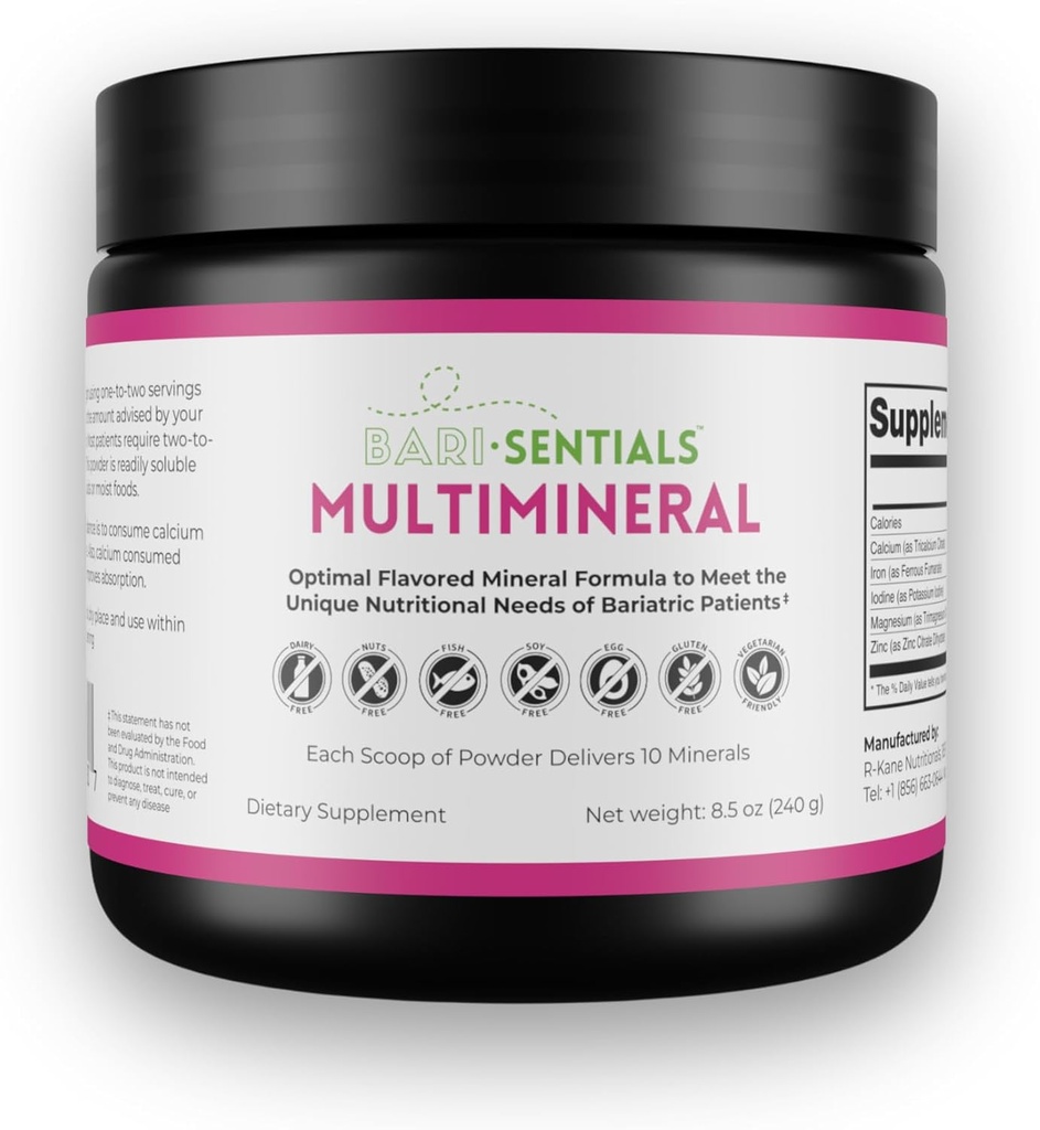 Nutricionales R-Kane Barisentials Suplemento multimineral Bariat- Cirugía post-bariat Soporte- Powder mineral fácil de resolver- limonada de frambuesa Bebida sabor- 240g