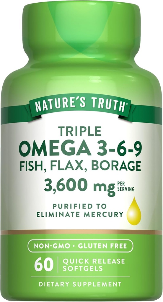La verdad de la naturaleza Triple Omega 3-6-9 Softgels Silencio 3600mg Silencioso 60 Conde  durable Fish, Flax, Borage Oils ← Non-GMO & Gluten Free Supplement