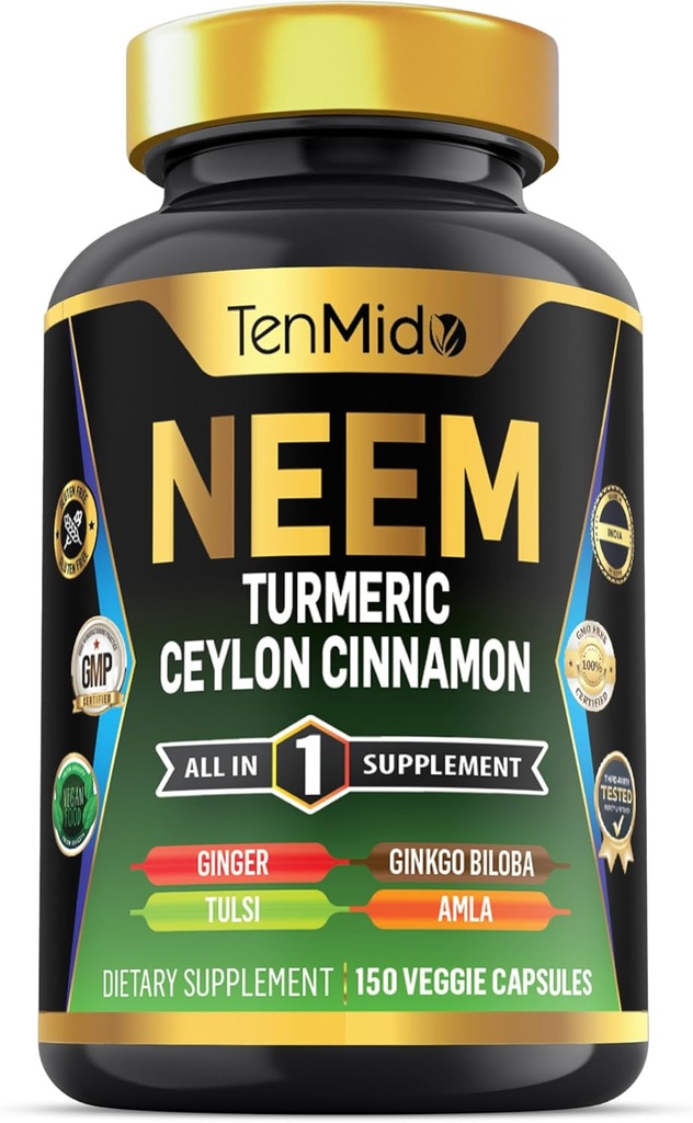 Neem Leaf Supplement - 8in1 Formula - Combine with Turmeric, Ceylon Cinnamon, Ginger, Tulsi, Ginkgo Biloba, Amla, and Black Pepper - Immune Health Support - 150 Vegan Capsules