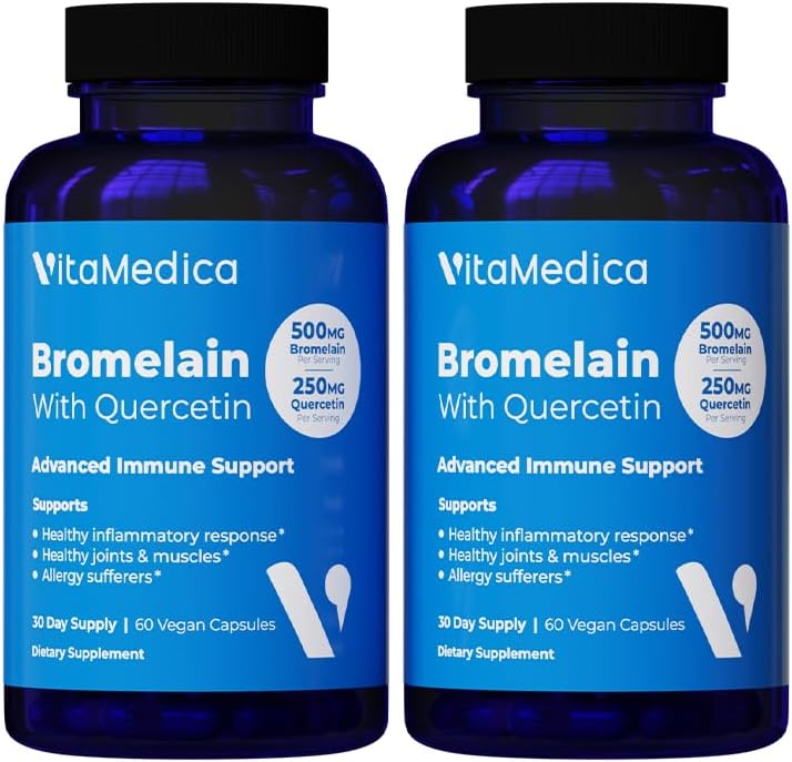 VitaMedica Bromelain " Quercetin Supplement - 500mg Bromelain 250mg Quercetin - 2400 GDU para la inmunidad, soporte conjunto, inflamación y recuperación muscular - 60 cápsulas Vegan - 30 servicios (2 Pack)