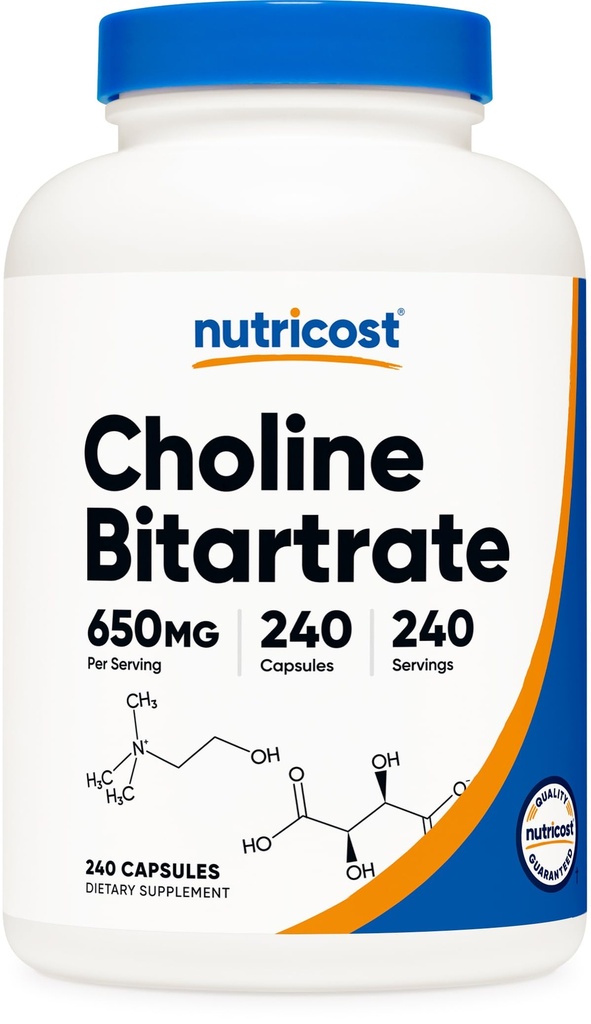 Nutricost Choline Bitartrate 650mg, 240 Vegetarian Capsules - Non-GMO, Vegetarian Friendly, Gluten Free